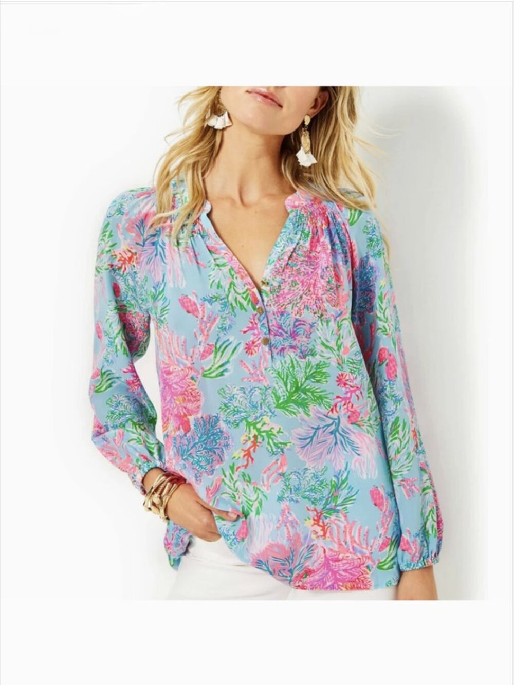 Lilly Pulitzer Elsa Silk Top Blouse L Celestial Blue Cay To My Heart Long Sleeve